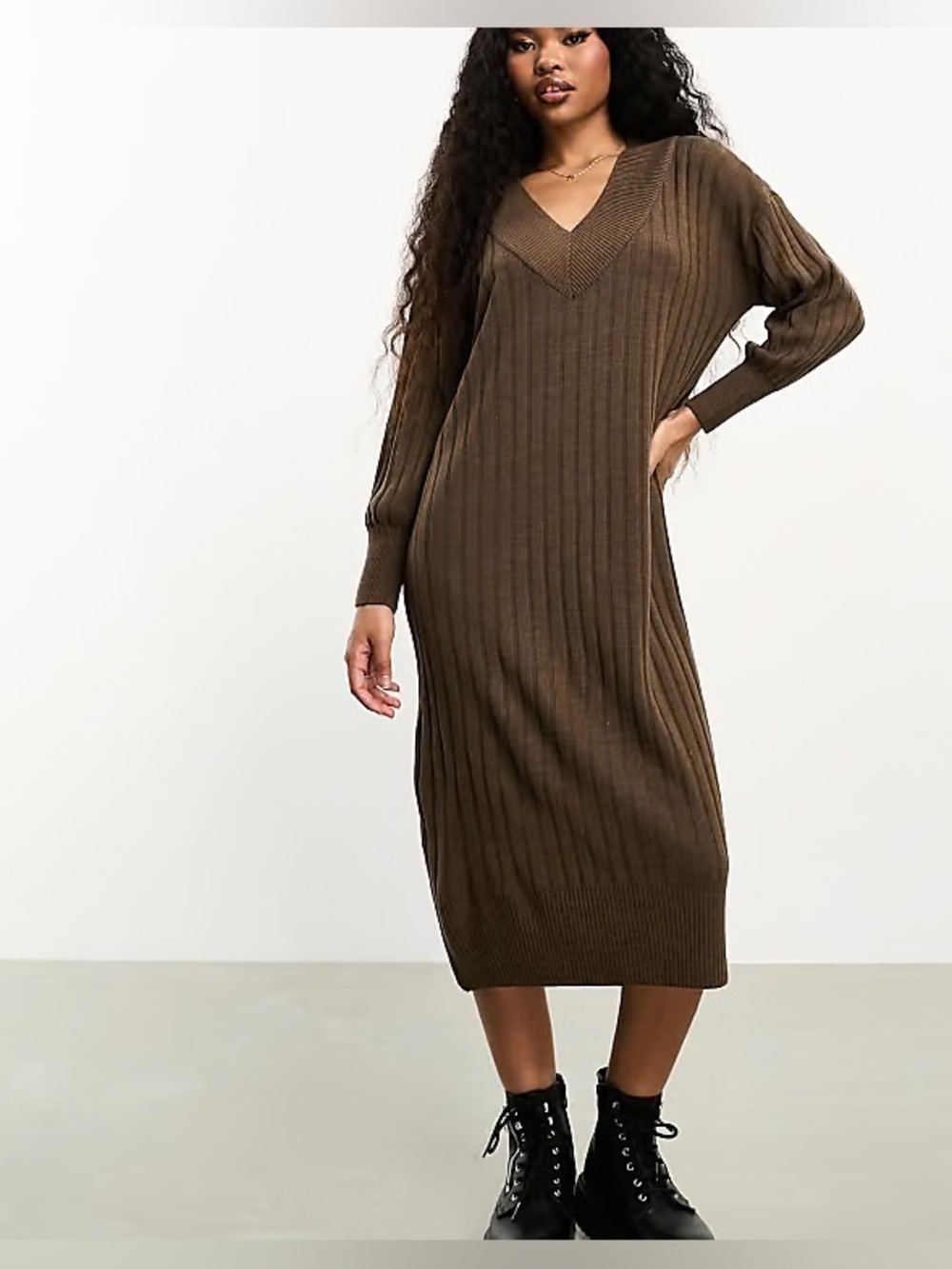 ONLY Brown Ribbed Knit V-Neck Midi Maxi Sweater Dress Size Large L